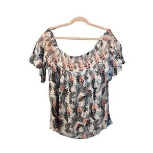Maurices Smocked Off The Shoulder Peasant Blouse Womans Size XXL Tropical Print